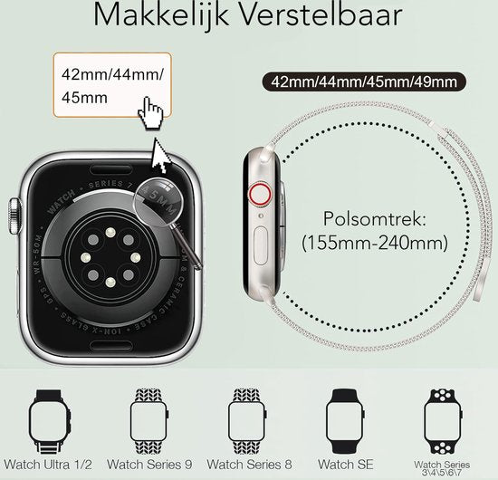 Podec Smartwatch Magnetische RVS Strap Apple Watch - Milanese Mesh Bandje voor Series 1 t/m 9 & SE - Magneetsluiting - Starlight