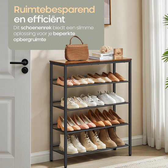 O'DADDY® Schoenenrek - 5 Laags - Schoenen Opbergsysteem - Schoenrek - Schoenenkast - Schoenkast - Industrieel Design - Bruin Hout - Zwart Metaal