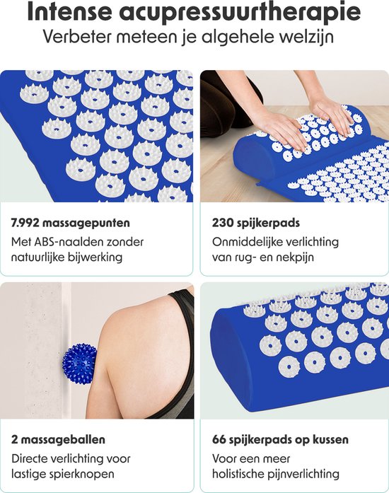 LifeGoods Acupressuur Mat met Kussen - Shakti mat - Spijkermat Incl. 2x Triggerpoint Bal - 66x40x2cm - Blauw/Wit