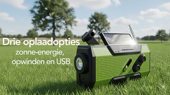 Brixy Noodradio - Radio Met Accu Batterij Voor Noodsituaties - 5000 MAH - Opwindbaar - Solar - Zaklamp - Powerbank - Groen