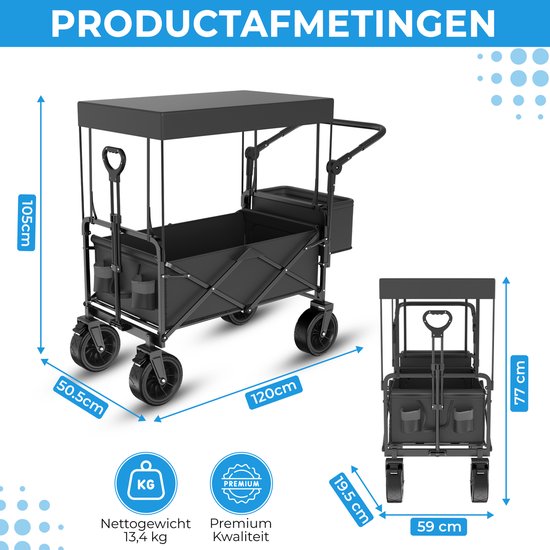 TerraGear Bolderkar opvouwbaar - Bolderkar met dak en duwstang - Zwart - 120L inhoud - 150KG draagcapaciteit