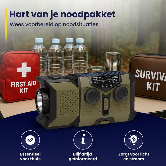 ODESSEY Noodradio Solar Opwindbaar - 2000 mAh Powerbank - Zaklamp - Draagbare Radio - Noodpakket