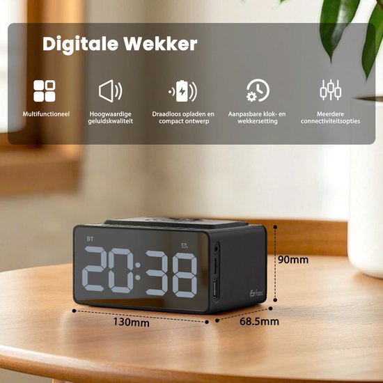 Digitale Wekker - met Radio, Bluetooth en Draadloze Oplader - Wekkerradio - Snooze Functie - Zwart - van Faas