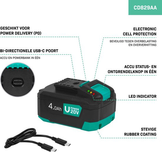 VONROC Accu 20V – 4.0Ah - bi-directionele USB-C poort – accu en powerbank in één – compatibel met Power Delivery (PD) – Beveiligd met Electronic Cell Protection
