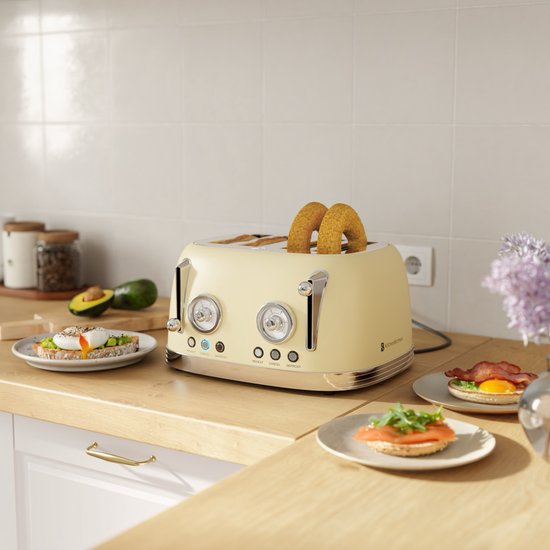KitchenBrothers Retro Broodrooster - Toaster - 6 Warmteniveaus - 4 Extra Brede Sleuven - 815W - Beige