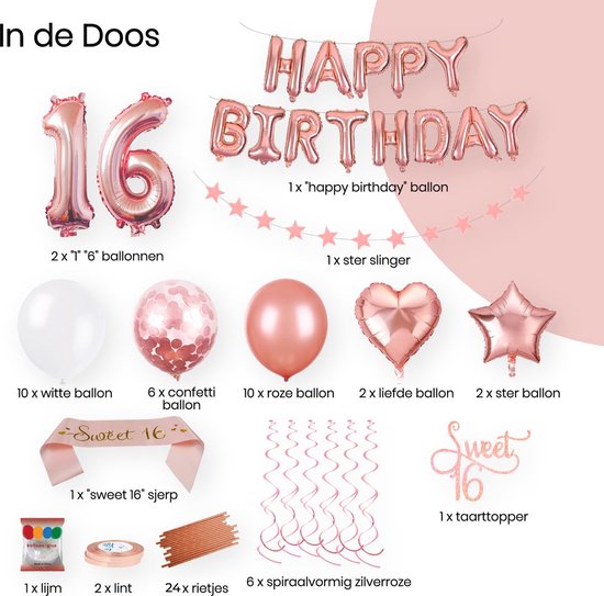 Happy Goods Verjaardag Versiering - Sweet 16 - Happy Birthday Slinger - Rose Goud - Ballonnen - 61 Stuks - Verjaardag Decoratie