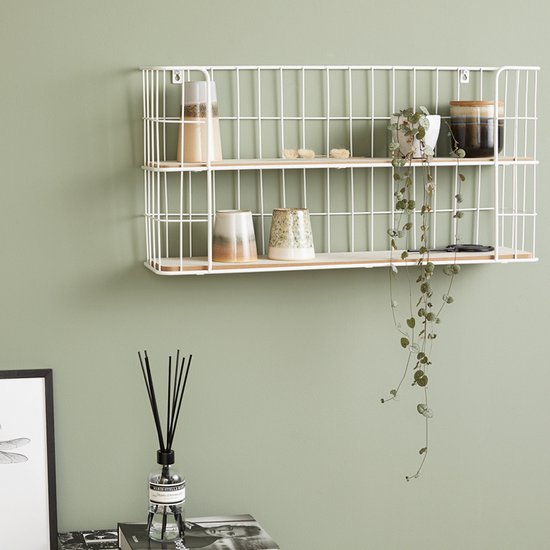 Lifa Living - Wandrek Malaga - Industrieel Bakkersrek - Rechthoekig Kruidenrek - Wit - Metaal & MDF Hout - Muurrek voor Woonkamer, Slaapkamer en Kantoor - 66,5 x 14,3 x 33,6 cm