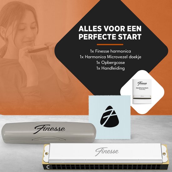 Finesse Mondharmonica - C Majeur - 24 Gaten - met Case - voor Volwassenen & Kinderen - Zilver