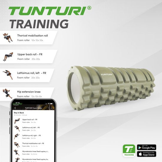 Tunturi Yoga Grid Foam Roller - Massageroller - Foamroller - Fitness Roller - Legergroen- 33cm - Incl. gratis fitnessapp