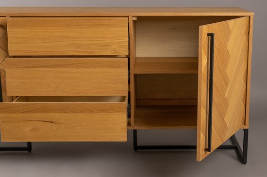 Dutchbone - Class Dressoir - 180 x 45 x 80 cm - Naturel Acaciahout & MDF - Messing Look Onderstel - Elegant Design - Ruime Opbergkast