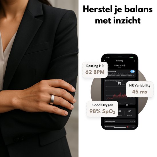 Focus® S1 Smart Ring – Zilver Maat 9 – Hartslag & Slaap Monitor – IP68 Waterdicht – Wearable