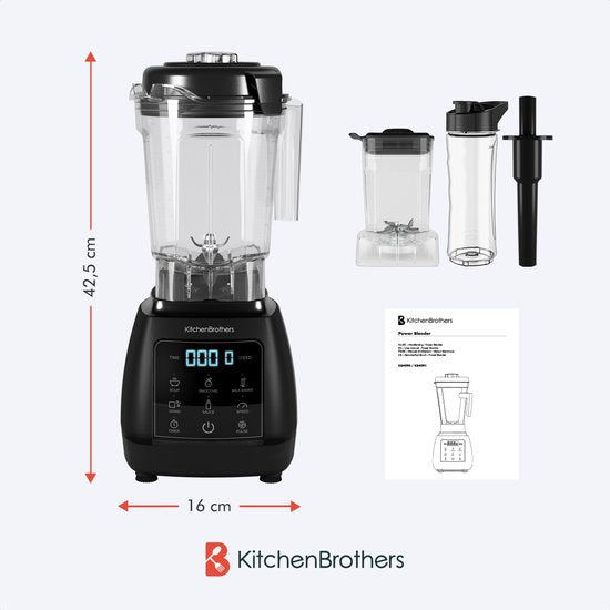 KitchenBrothers 2-in-1 Power Blender - 1600W - 2L - Complete Set met Hakmolen en To-go Beker - Smoothie Maker - IJscrusher - Zwart