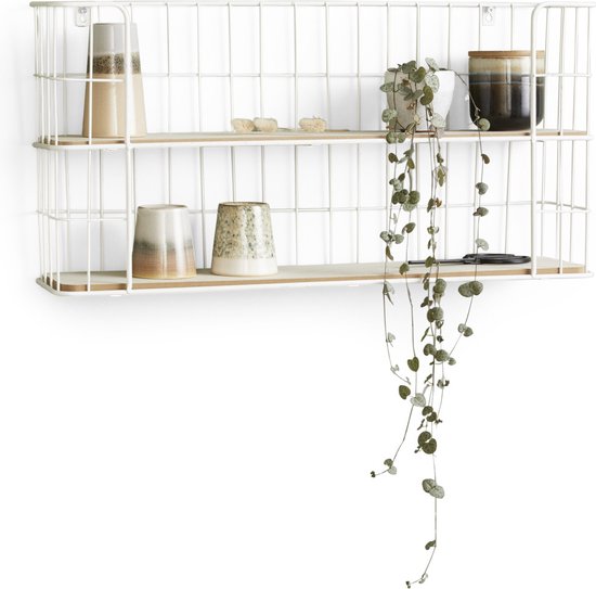 Lifa Living - Wandrek Malaga - Industrieel Bakkersrek - Rechthoekig Kruidenrek - Wit - Metaal & MDF Hout - Muurrek voor Woonkamer, Slaapkamer en Kantoor - 66,5 x 14,3 x 33,6 cm