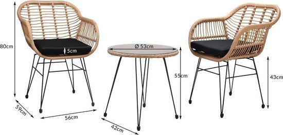 Casaria Tuinset Bali 3 Delig – 1 Tafel & 2 Stoelen – Naturel Zwart