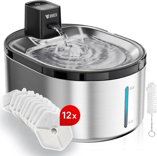 Vivex® Draadloze Drinkfontein - RVS - 4,5 Liter - Waterfontein voor Katten en Honden - Met Sensor en Accu - Incl. 12 Filters en reinigingsgereedschap - Fluisterstil - Extra Filters
