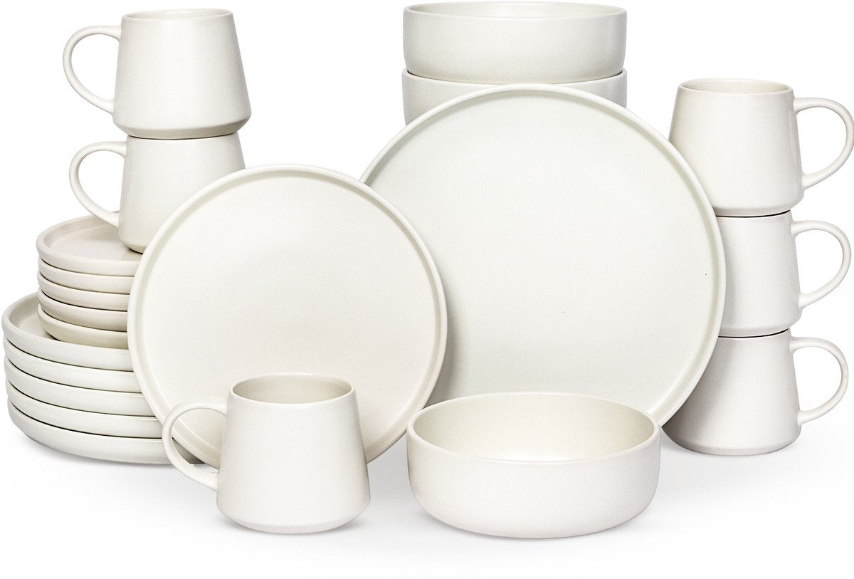 Deleca Serviesset 6 Persoons Kyoto - Koffiekopjes met oor / Schaaltjes / Grote Borden en Kleine Bordenset - Japandi stijl - Massief Aardewerk - Crème Wit / 24-delig