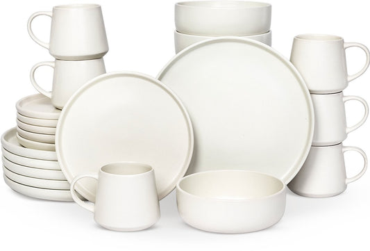 Deleca Serviesset 6 Persoons Kyoto - Koffiekopjes met oor / Schaaltjes / Grote Borden en Kleine Bordenset - Japandi stijl - Massief Aardewerk - Crème Wit / 24-delig