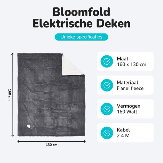 Bloomfold Elektrische Deken - 160 x 130 cm - Wasmachinebestendig - 1 Persoons - 9 Standen - Met Timer - Warmtedeken - Grijs/flannel