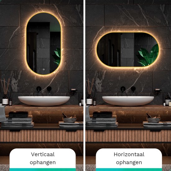 Mirlux Badkamerspiegel met LED Verlichting & Verwarming – Wandspiegel Ovaal – Goud Frame - 90x50CM