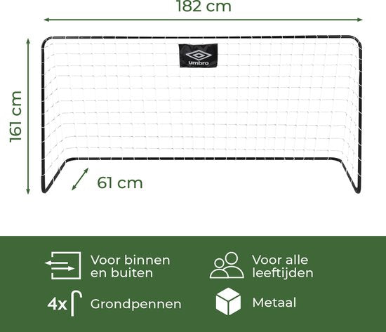 Umbro Voetbaldoel - Voetbal Goal 182 x 122 x 61 cm - Voetbalgoal Groot - Makkelijk te Verplaatsen - Buitenspeelgoed voor Kinderen en Volwassenen - Voetbal Training Doel - Metaal - Zwart/Wit