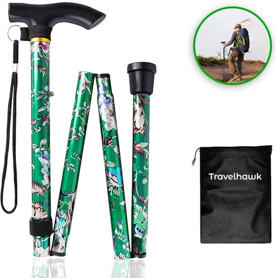 Travelhawk Wandelstok - Verstelbaar en Opvouwbaar - Groen - Incl. Opbergtas - loopstok Ouderen