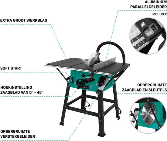 VONROC Zaagtafel 2000W – Ø250mm - Groot werkblad - Zaaghoek instelbaar van 0° tot 45° - Met soft-start technologie - Incl. 60T zaagblad en onderstel