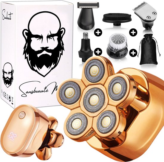 6-in-1 Scheerapparaat Mannen – Trimmer - Sansbeauté® SkullSharp V1 | 6 HEAD - Nat & Droog - Face Head & Hair Shaver – Hoofd Kaal Scheren - Opzetstukken - Elektrisch