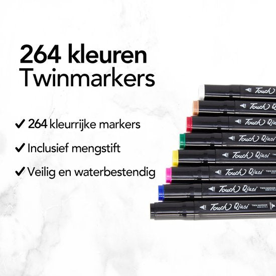 Brixy Twinmarkers 264 Stuks - Professionele Alcohol Markers - Dubbelzijdige Tip - Stiften - Opbergtas Met Houder