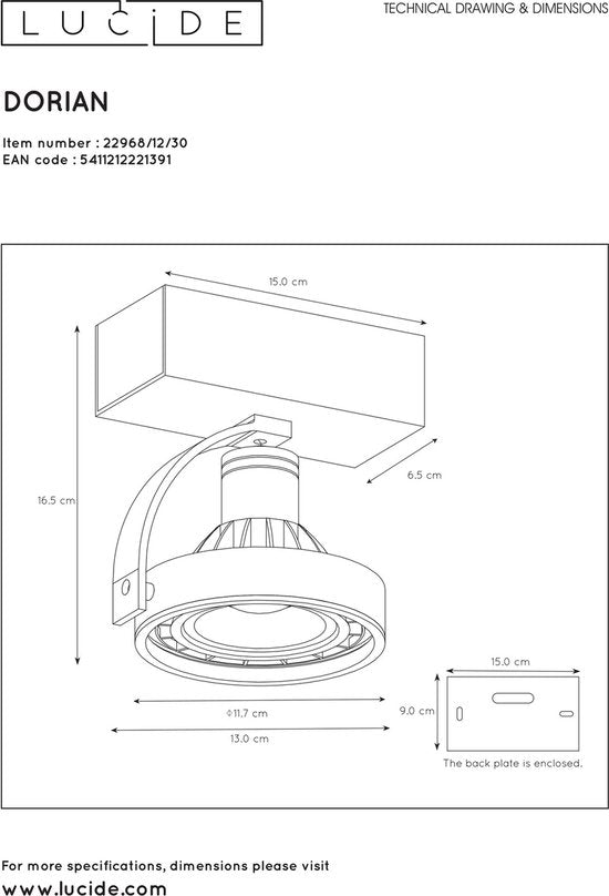 Lucide DORIAN - Plafondspot (Plafondlamp) - Ø 11,7 cm - LED Dim to warm - GU10 (ES111) - 1x12W 2200K/3000K - Zwart
