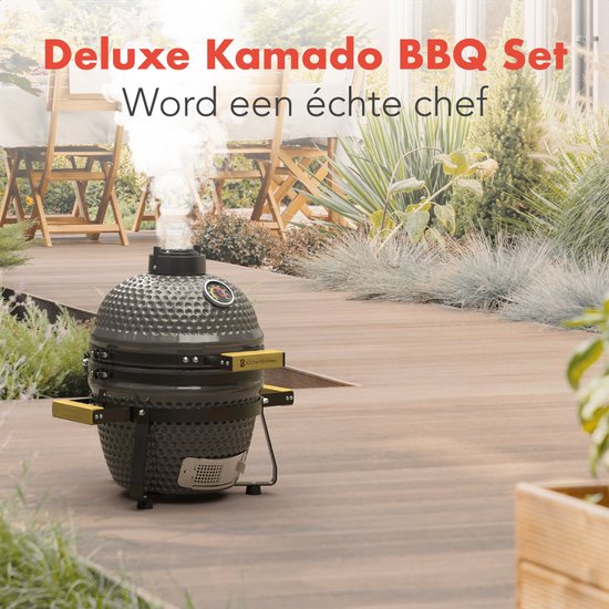KitchenBrothers Kamado BBQ - 13 Inch Houtskool Barbecue - 27⌀ cm - PFAS-vrij - Deluxe Set - Egg BBQ met Accessoires inclusief Hoes - Grijs