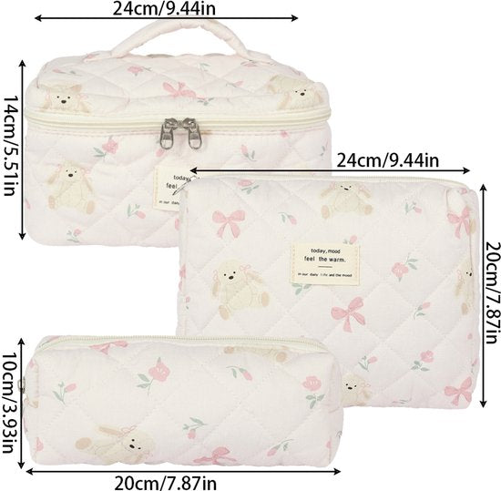 SC Travel Essentials - 3-delige Make-up Tas Set - Eco-vriendelijk Katoen - Gewatteerde Gebloemde Organizers - Ruim, Duurzaam en Ideaal voor Reizen