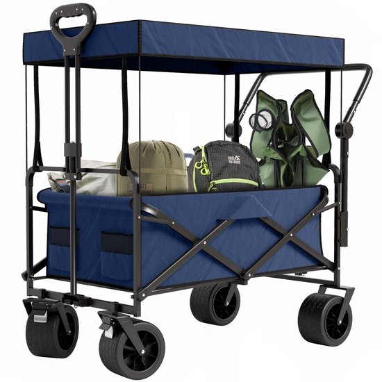Avalo Bolderkar Met Dak XL Opvouwbaar - Tot 110KG Draagvermogen - 120L - 97x60x105 CM - 360º Wielen - Bolderwagen / Bolderkarren / Strandkar / Trekkar / Plooibare Bolderkar - Voor Strand - Blauw
