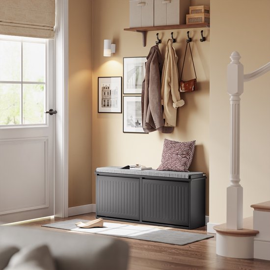 SoBuy Schoenenbank met Gevoerd Kussen - Schoenenkast met 2 Kleppen - Opbergkast voor schoenen - Zwart, 100x26x46 cm, FSR98-XL-SCH