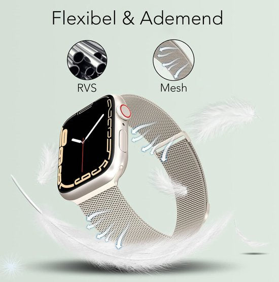 Podec Smartwatch Magnetische RVS Strap Apple Watch - Milanese Mesh Bandje voor Series 1 t/m 9 & SE - Magneetsluiting - Starlight