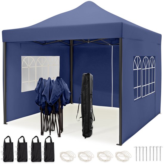 LifeGoods Partytent - Paviljoen - EasyUp - Opvouwbaar - 4 Zijwanden - Waterdicht - Met Draagtas met wieltjes - 3x3 Meter - Donkerblauw