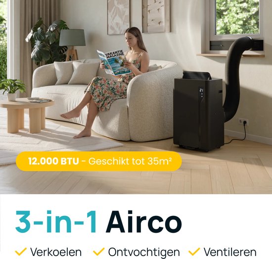 MOA Mobiele Airco - 12.000 BTU - Met Afstandbediening - Tot 35m² - Airconditioner met Ontvochtigingsfunctie - Raamafdichtingskit - Zwart