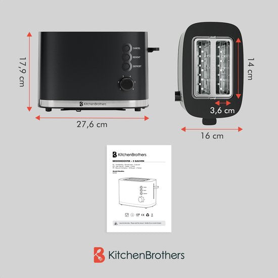 KitchenBrothers Broodrooster - Retro - Toaster - 6 Instelbare Warmteniveaus - 2 Extra Brede Sleuven - BPA-vrij - 870W - Zwart