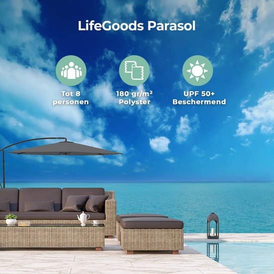 LifeGoods Zweefparasol - tot 8 Personen - Ø300cm - Waterdicht - met Hoes en Kruisvoet - Tuin of Strand - Donkergrijs