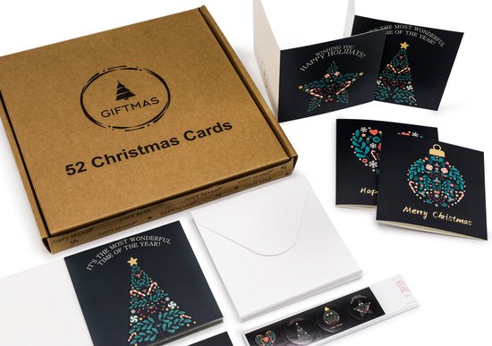 Giftmas Kerstkaarten - Wenskaarten - 52 Stuks - Met Enveloppen en Stickers - 10x10cm