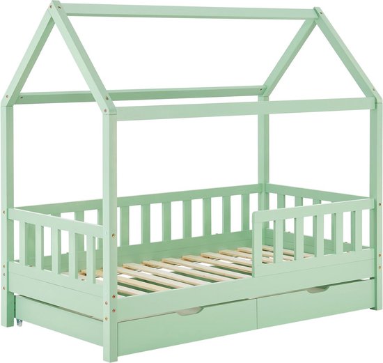 Juskys – Marli Kinderbed & Huisbed Met Bedladen – 90 x 200 cm – Voorzien Van Uitvalbeveiliging En Lattenbodem – Voor Jongens En Meisjes – Mint Grenenhout