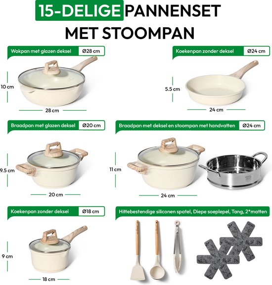 15-delige pannenset stoomkoker, antiaanbaklaag in beige graniet - Geschikt voor alle warmtebronnen Just Perfecto JL-779
