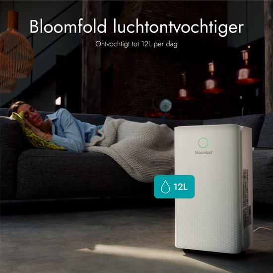 Bloomfold Luchtontvochtiger - 12L per Dag - Woonkamer, Slaapkamer, Kelder & Badkamer - Dehumidifier - Wit