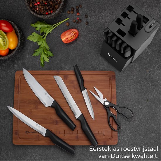 COOCK - Messenset met Blok en Vouwbare Snijplank – Keukenmessen - Schaar - Aanzetstaal (Messenslijper) – 15-Delige Keukengerei Set in Messenblok - Met Krasbestendige Coating - RVS/Zwart