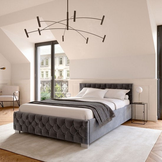 Juskys - Gestoffeerd Bed Nizza - 140 x 200 cm - Grijs & Fluweel - Met LED Verlichting & Bedlade - Modern Design - Inclusief Lattenbodem