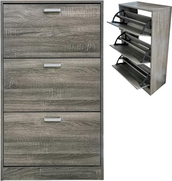 VVD Schoenen rek - 3 vakken met klepdeuren - grijs bruin kleurig - 30x112x60cm