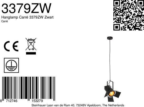 Hanglamp Carré 3379ZW – zwarte industriële lamp, staal, hoogte verstelbaar van 30-150 cm, Mexlite