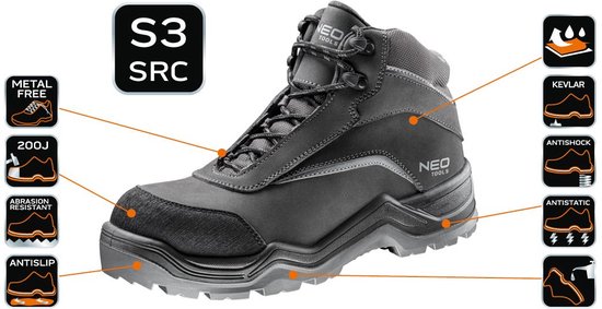 Neo Tools heren veiligheidslaarzen klasse S3 SRC, waterdicht WR, slipvast| Versterkte werkschoenen met Kevlar binnenzool, antistatische binnenzool, zonder metalen elementen, penetratiebestendig