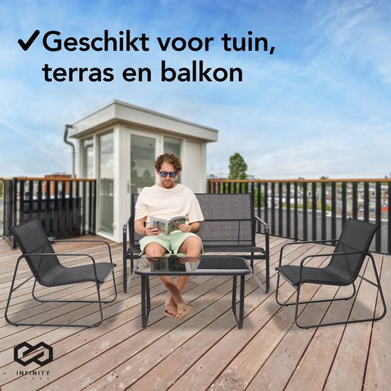 Infinity Goods Tuinset – Incl. Bank, 2 Stoelen & Glazen Tafel – Zwart/Antraciet