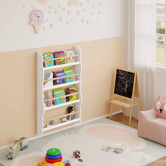 Woltu Kinder Wandboekenrek 98x60x14,5 cm Groen of Wit met Eikenlook – Montessori Opbergrek voor Kinderkamer