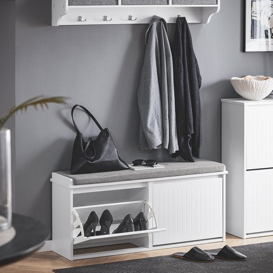 SoBuy FSR98-XL-W Schoenenbank - Witte Opbergbank met Kleppen & Bank